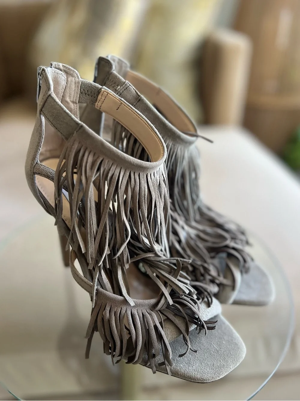 Steve Madden Fringly Taupe Suede Fringe Stiletto Heels Size 7.5